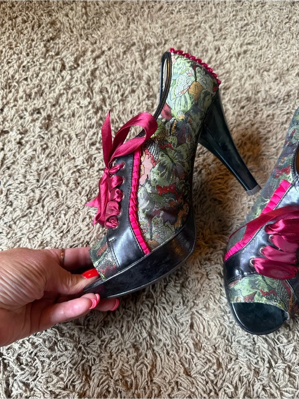 Poetic License Floral Brocade Peep-Toe Heels with Fuchsia Satin Laces